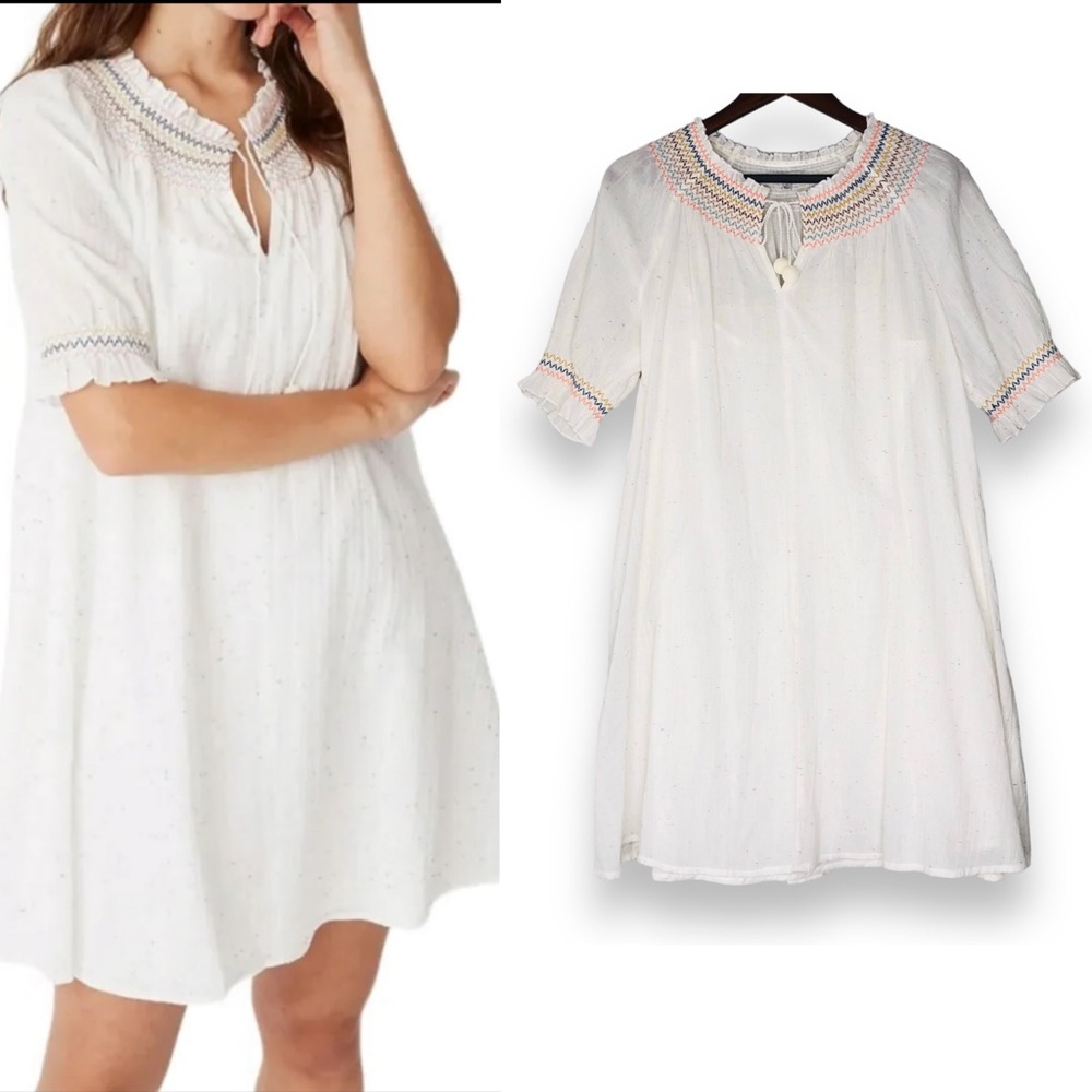 Madewell White Mini Dress Smocked Puff Sleeve Trapeze Neck Beach resort coquette
